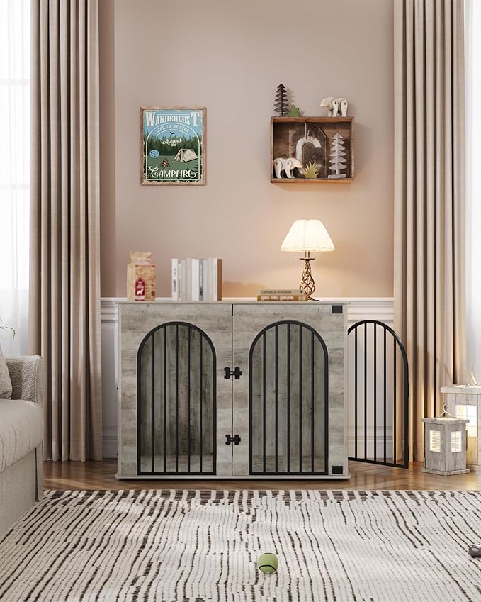 44.1" Wooden Dog Crate Furniture, Indoor Dog Kennel Dogs Cage for Small/Medium/Large Dogs, Heavy Duty Dog Crates Decorative Pet House End Side Table TV Stand, Greige Black DFC83905B