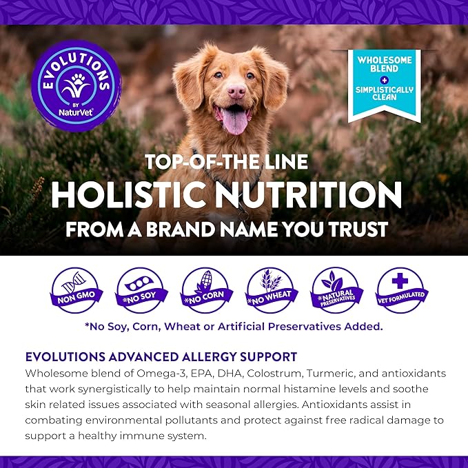 NaturVet Evolutions Advanced Allergy Support 180ct Soft Chews for Dogs - Omega-3, Anchovy Oil, Colostrum, Turmeric, Quercetin, Probiotic - Help Maintain Normal Histamine Levels