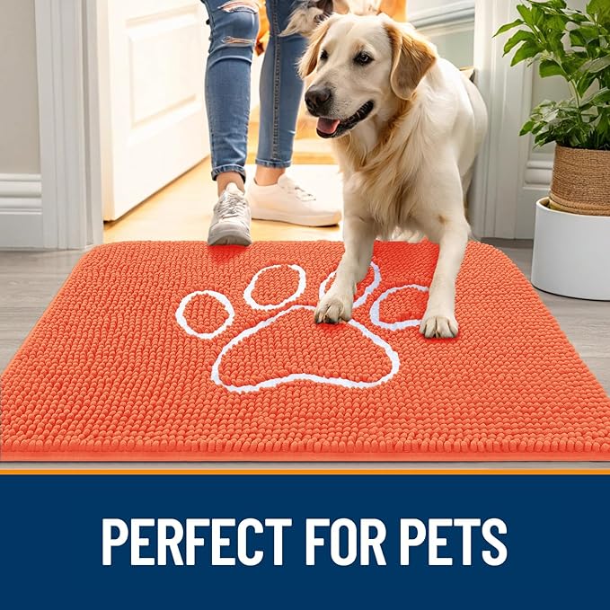 OLANLY Dog Door Mat for Muddy Paws 30x20, Paw Print Design, Absorbs Moisture and Dirt, Absorbent Non-Slip Washable Doormat, Quick Dry Chenille Mud Mat for Dogs, Entry Indoor Entryway Carpet, Coral
