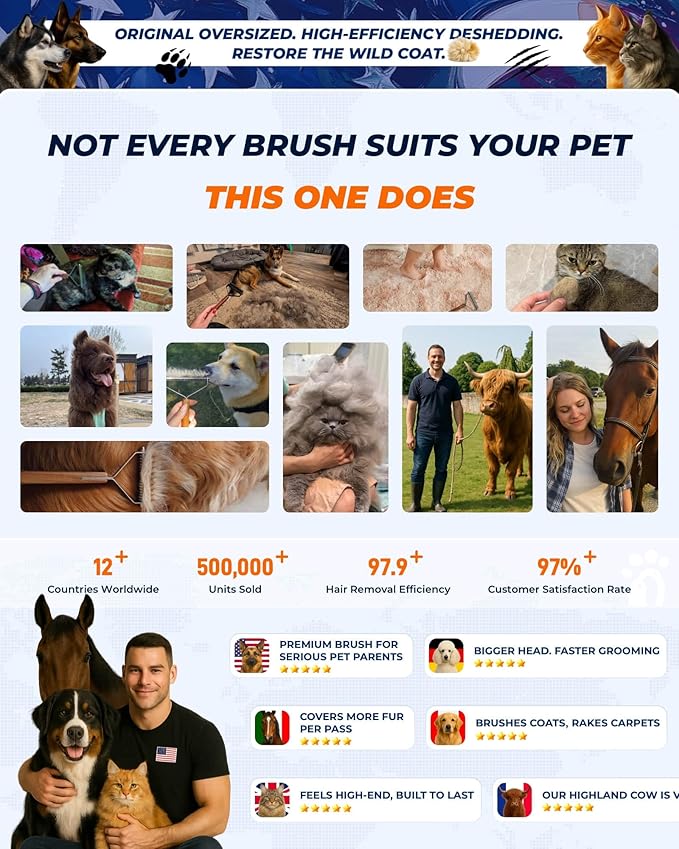 Extra Large 2-Sided Undercoat Rake for Dogs & Cats, Dog Brush for Shedding Remove Mats, Dematting Comb, Safe & Gentle Grooming Brush for German Shepherds Medium to Long-Haired Pets (Walnut Handle)