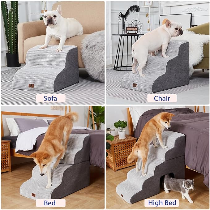 Pettycare Dog Stairs Ramp for High Beds and Couch,Curved Dog Steps for Small Pets, Pet Stairs Non-Slip Balanced Portable Puppy Ramp Indoor, 3 Steps,Grey
