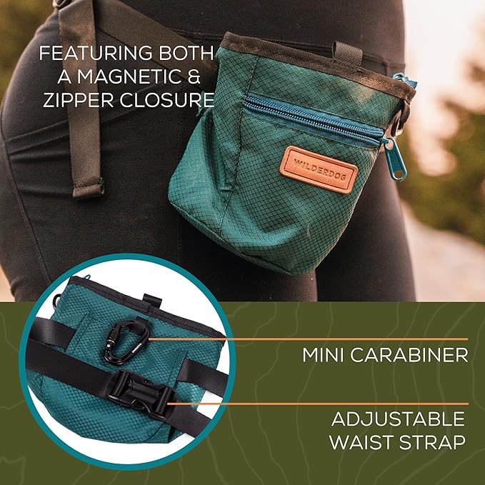 Wilderdog Dog Training Treat Pouch with Magnetic and Zipper Closure, Carabiner Attached, Adjustable Waist Strap - Magenta