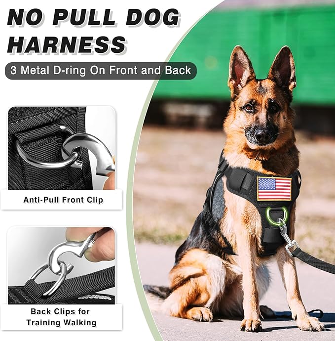 Tactical Service Dog Vest and Leash Set,Heavy Duty Harness with Metal Buckles for Large Dogs,Adjustable No Pull Pet Vest with 10 Patches,for Training Working Hiking,Black XL