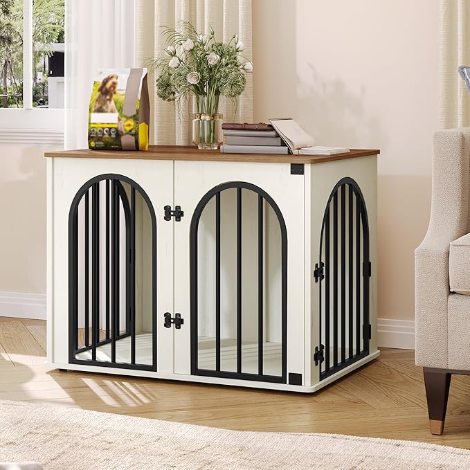 26.8'' Wooden Dog Crate Furniture, Indoor Dog Kennel Dogs Cage for Small Dogs, Heavy Duty Dog Crates Decorative Pet House End Side Table TV Stand, White Brown DFC85514B