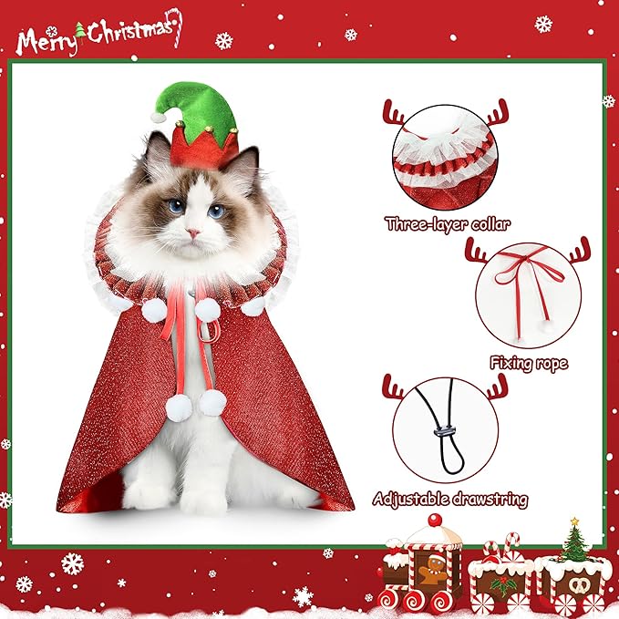 KOUPA Pet Christmas Costume with Hat, Dog Halloween Clothes Cosplay Wizard Cloak for Small Puppy Kitten Animal, Shiny Cat Outfit Suit for Party Holiday, Red