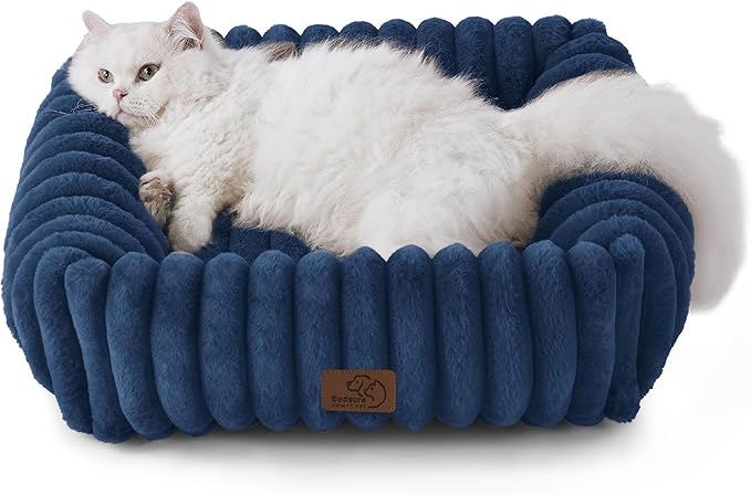 Bedsure Cute Dog Beds Large Sized Dog - Washable Furry Pet Beds, Rectangle Orthopedic Corduroy Fleece Puppy Beds with Removable Zipper Cover, 20x19x6 inches,Night Blue