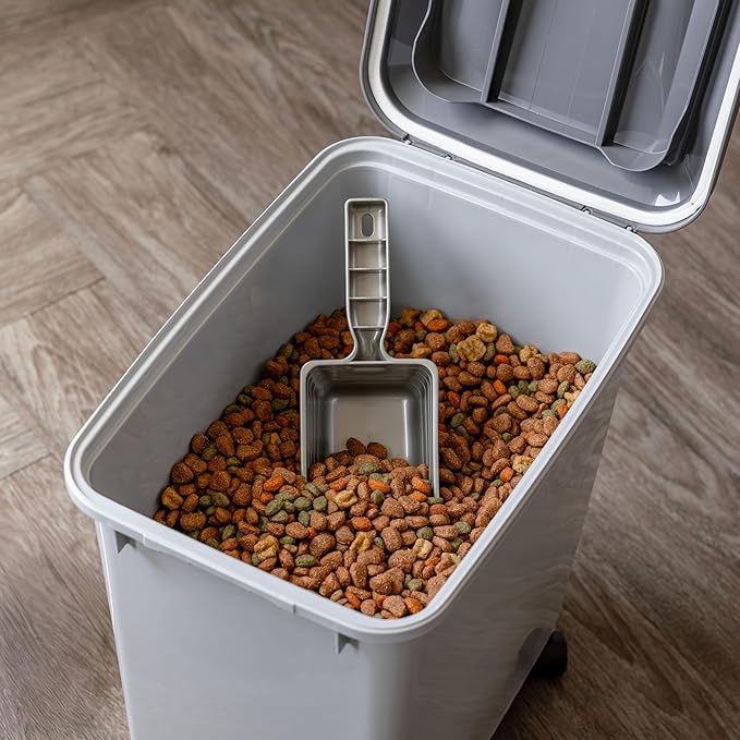 IRIS USA Dog Food Storage Container with Wheels, Airtight Lid, 2-Cup Scoop, Up to 30 Pounds Pet Food Storage, Built in Scoop Storage in Lid, Pet Food Bin, Portable, BPA Free, 2 Pack, Gray/Dark Gray