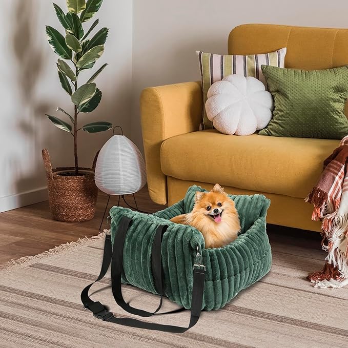 Dog Car Booster Seat, for Small Dogs Under 30 lbs, Detachable Washable Travel Bed with Storage Pockets and Safety Belt (Green, Medium)