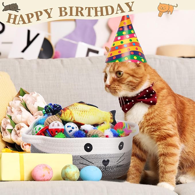 Zopeal 58 Pcs Cat Storage Basket Gift Toys Set, Colorful Flashing Balls Pet Bell Crinkle Balls Spring Toys Attract Cat to Swat, Bite, Hunt, Interactive for Pet(Multicolor,9.8 Inch)