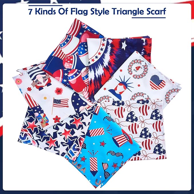 4th of July Dog Bandanas for Small Dogs Cats 7 Pcs Stitching Edge Patriotic Dog Bandanas Independence Day Flag Day Adjustable Puppy Scarves Grooming S