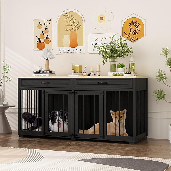 64.6" Furniture Dog Crate, Heavy Duty Wooden Dog Cage Furniture, Indoor Dog Kennel with Drawers & Removable Divider, Luxury Dog House with Double Rooms for Small Medium Breed Dogs, Black