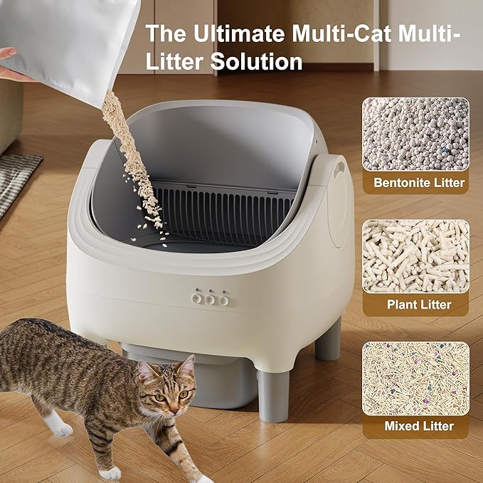 Open-Top Self-Cleaning Cat Litter Box, Automatic Litter Box for Multiple Cats with 10.5L Waste Bin, Advanced Safety Sensors, Quiet Operation, Easy to Clean (Gray)