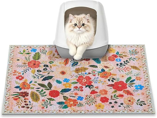 Cat Litter Mat, 24" x 16" Litter Box mat, Upgrade Non-Slip Kitty Litter mat, Traps 100% Litter, Soft on Kitty Paws, Easy Clean for Scatter Control, Bohe cat Food mat, Urine Waterproof