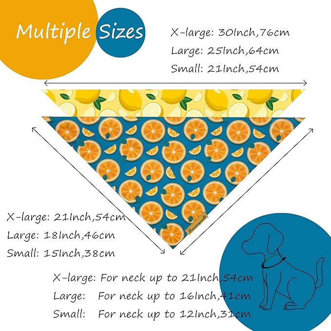 Cute Fruit Dog Bandanas 2 Pack, 4 Patterns Watermelon Lemon Orange Melon, Summer Dog Bibs for Large and XL Breed, Reversible Boy and Girl Pet Scarf（X-Large）