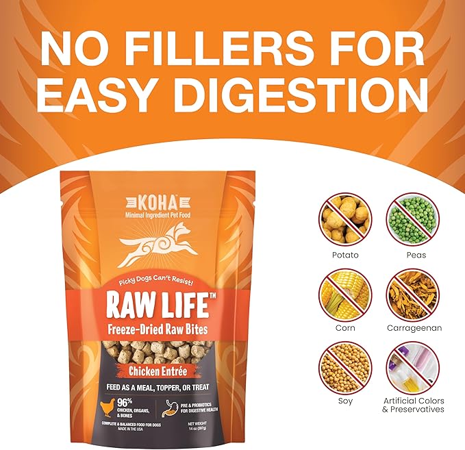 KOHA Raw Life Freeze-Dried Raw Bites Chicken for Dogs, High Protein Meal, Topper, and Treat for Picky Eaters, 14oz Bag