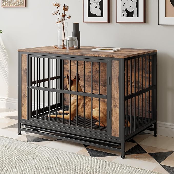 Dog Crate - Metal & Wooden Kenel with 3 Doors for Indoor, Medium/Large Dogs - Heavy Duty, Rustic Black & Brown