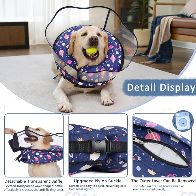 Inflatable Dog Cone Collar,Waterproof Soft Dog Donut Cone for Large Medium Small Dogs Cats, Recovery Pet E-Collar Alternatives After Surgery (Planet-with Shield, Medium)