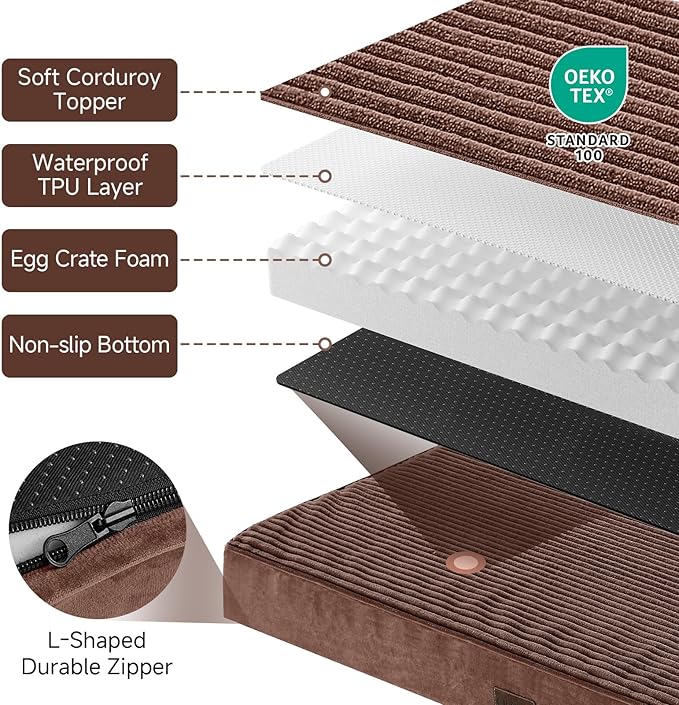 OhGeni Orthopedic Waterproof & Machine Washable Dog Bed for Medium Large Pets, Cat Mat with 25D Egg Crate Foam, Non-Slip Bottom & Removable Cover, 36 Inches(Brown)