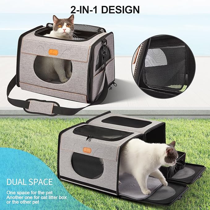 IC ICREATE.X Large Cat Carrier with Litter Box for Car Travel, Pet Carrier Bag 2-in-1，Double Cat Travel Transport Carrier for Long Distance, Collapsible Dog Crate, Cat Bag for Kitten 2 Cats