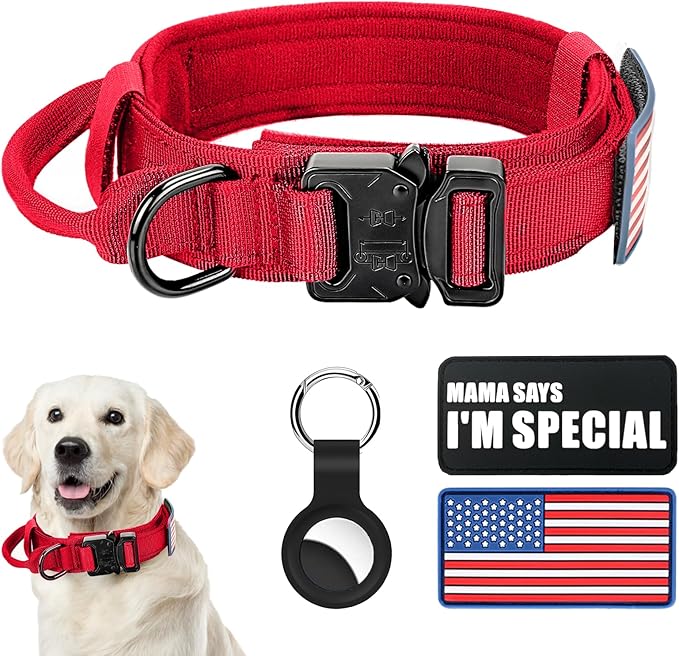 Tactical Military Dog Collar - Adjustable Nylon, Heavy Duty Metal Buckle With Handle for Training, With Patches (Red, M)