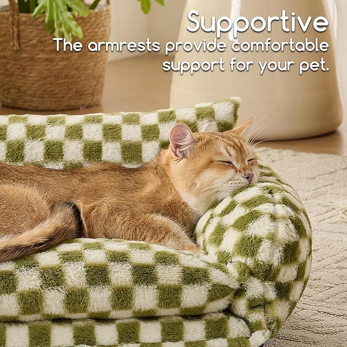 Hollypet Cat Bed Fluffy Plush Mutifuctional Double-Layer Soft Pet Couch Orthopedic Sofa Nest Beds for Small Cats and Dogs, Green and White (21x15x8 inch)