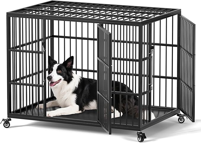 VERIFURTY 42 Inch Heavy Duty Dog Crate for Large and Medium Dogs with Self-Locking Latch, Escape-Proof Steel Kennel Indoor, XL Large Double Door Metal Pet Cage with Wheels