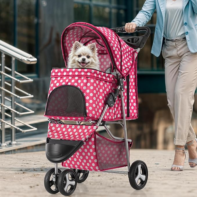 Magshion 3-Wheel Pet Stroller, Foldable Travel Jogger for Small & Medium Dogs & Cats (Up to 33lbs), Lightweight Carrier with Breathable Mesh Cover, Cup Holder & Storage Basket, Hot Pink Polka Dots