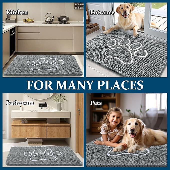 OLANLY Dog Door Mat for Muddy Paws 30x20, Paw Print Design, Absorbs Moisture and Dirt, Absorbent Non-Slip Washable Doormat, Quick Dry Chenille Mud Mat, Entry Indoor Entryway Carpet, Grey and White