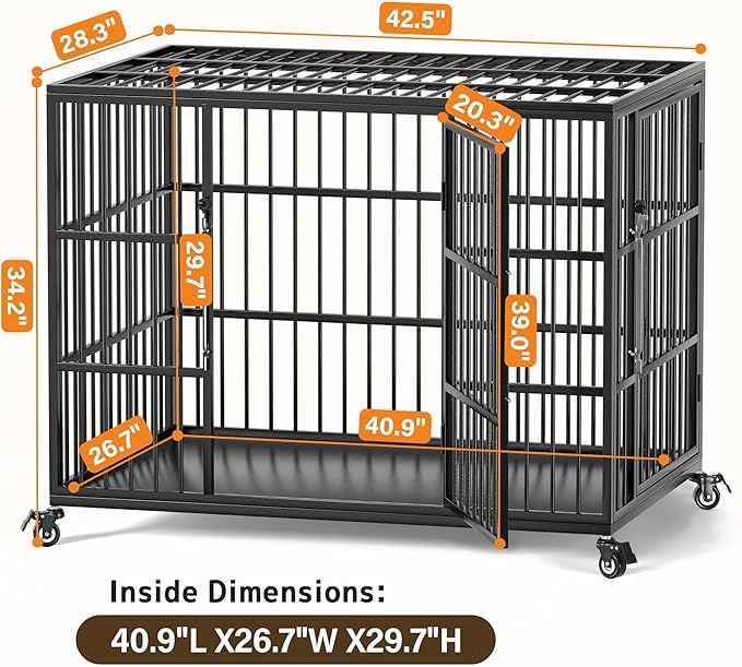 VERIFURTY 42 Inch Heavy Duty Dog Crate for Large and Medium Dogs with Self-Locking Latch, Escape-Proof Steel Kennel Indoor, XL Large Double Door Metal Pet Cage with Wheels