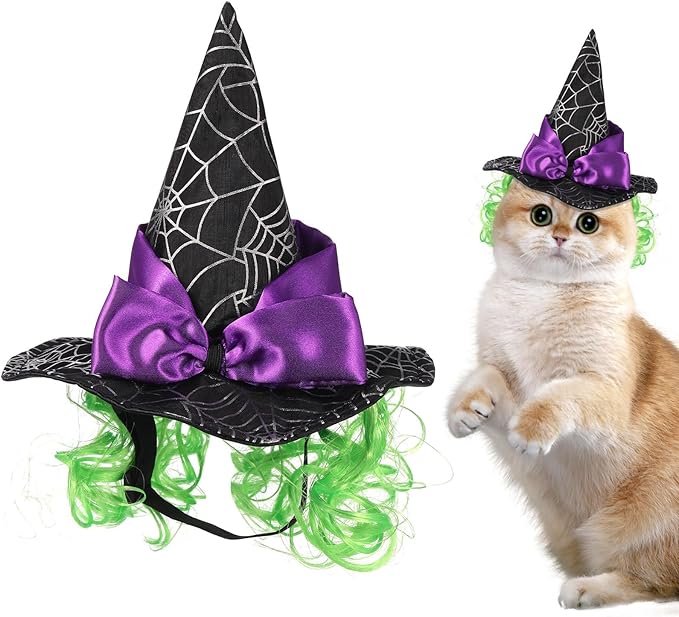 Halloween Witch Hat for Pet Cat Small Dog Puppy - Cat Witch Hat with Funny Wig - Black Polyester Cosplay Decor, Party Costume Accessory