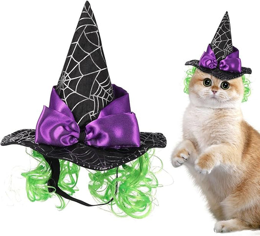 Halloween Witch Hat for Pet Cat Small Dog Puppy - Cat Witch Hat with Funny Wig - Black Polyester Cosplay Decor, Party Costume Accessory