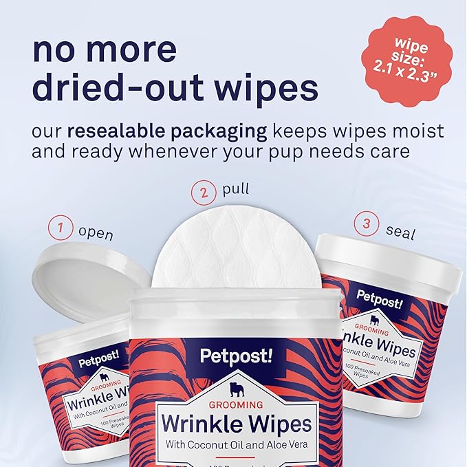 Petpost Wrinkle Wipes for Dogs | 100 Count Dog Face & Wrinkle Cleaner | Gentle Pet Wipes with Coconut Oil for Bulldogs, Pugs & Wrinkly Breeds | Dog Cleaning & Deodorizing Wipes