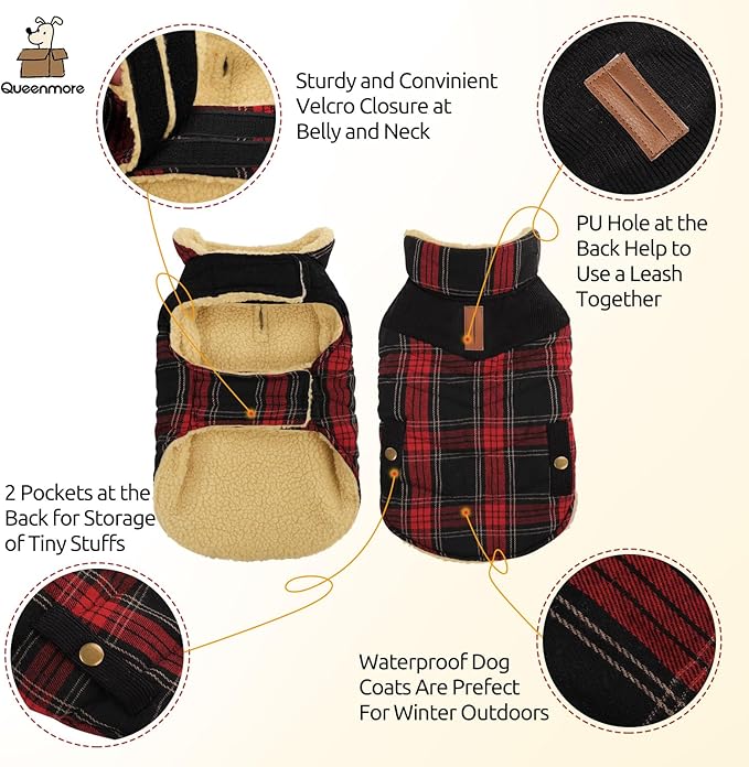 Queenmore Dog Winter Coat Warm Dog Jacket for Cold Weather, Quilting Puffer Plaid Coats for Small/Medium Dogs Waterproof,Girl/Boy Pet Christmas Coat,Pet Snowsuit with Leash Hole/Fleece Padding, S
