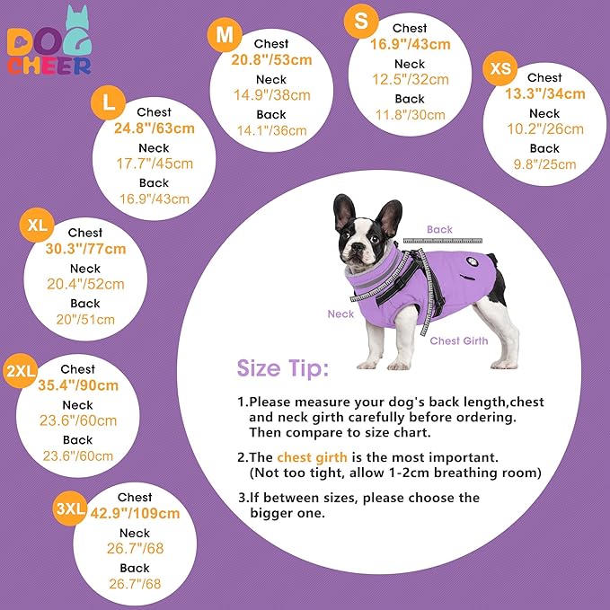 Dogcheer Dog Coat with Harness, Waterproof Dog Jacket, Reflective Puppy Winter Jacket with Pocket, Doggy Turtleneck Fleece Vest for Small Medium Large Dogs - Taro Purple, M