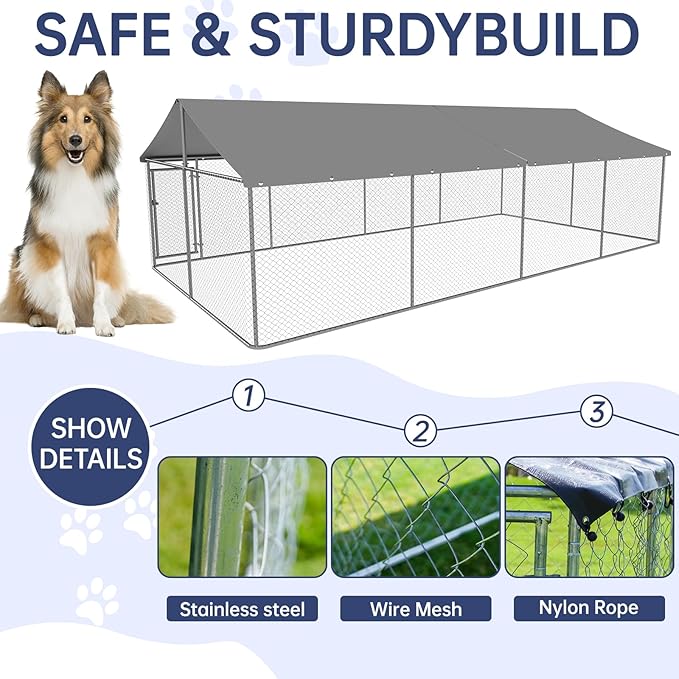 Petonly Outdoor Dog Enclosure Heavy Duty Dog Kennel House Mesh Dog Big Cage Pet Kennel Steel Fence with Secure Lock(236”x 118”)