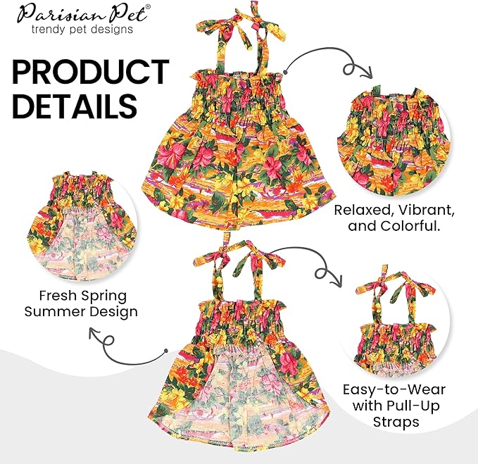 Parisian Pet Hawaiian Dog Dress - Floral Beach Outfit - Breathable Summer Clothes - Pull-Up Straps - Medium Dog Girl Dress