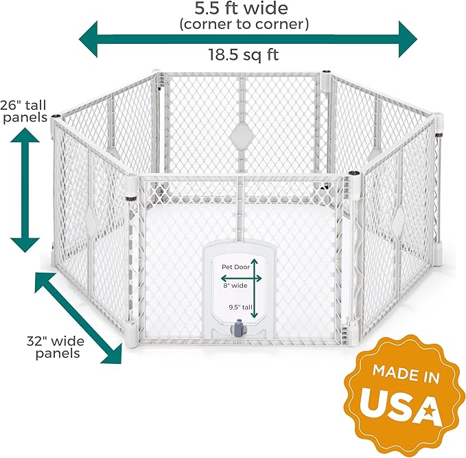 MyPet Petyard Passage: 5.5 Ft. Wide Customizable Folding Dog Playpen with Passage Flap-Door for Indoor/Outdoor. Made in USA. 6-Panel Puppy Playpen. Freestanding Play Pen Dog Gate 26" Tall, Light Gray
