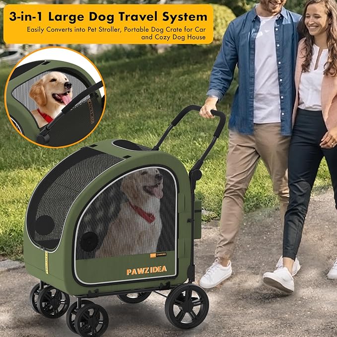 PAWZIDEA Large Dog Stroller with Detachable Carrier, Portable Dog Crate for Car Travel, Multiple Pet Strollers for Medium Dogs up to 80lbs, Adjustable Handle, All-Terrain 9” Wheels, Storage Organizer