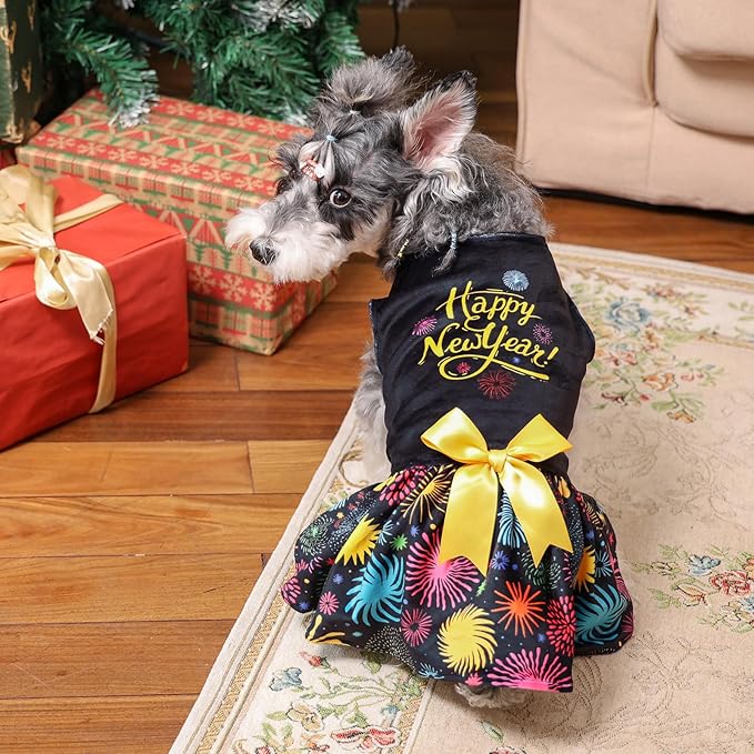 CuteBone Happy New Year Dog Dresses Velvet Holiday Small Dogs Clothes Onesie Pet Apparel Girl Puppy Skirt with Bow Hair Rope CVA56XXS-D