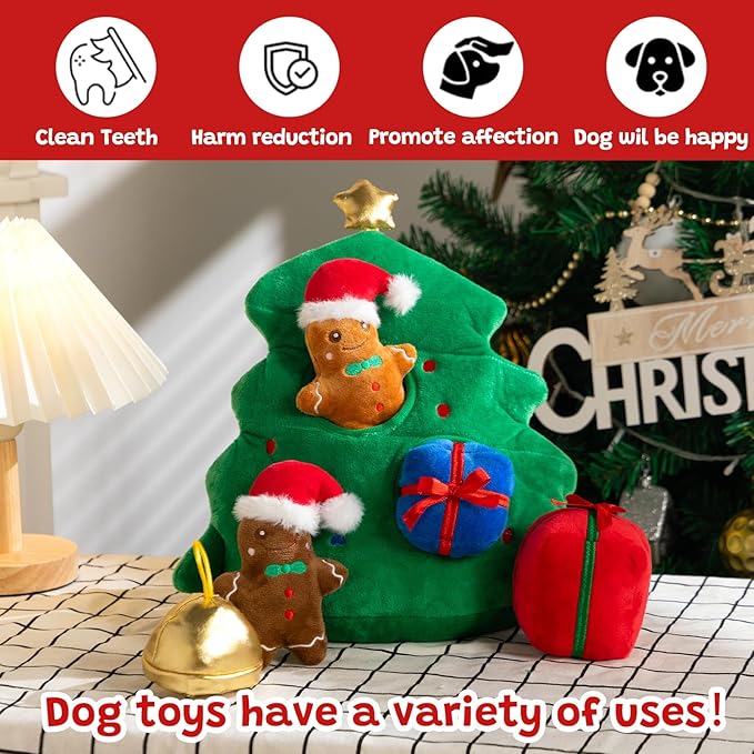 Hollypet Squeaky Dog Toy, Interactive Plush Hide and Seek Dog Toys for Small Medium Sized Dogs and Non-Aggressive Chewers, Puppy Teeth Clean Chew Toys, Christmas Tree