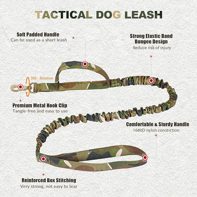 Tactical Dog Collar and Bungee Leash, Camo Military Dog Collar & Leash Set with USA American Flag Adjustable K9 Collar with Heavy Duty Metal Buckle & Handle,with Patches and Airtags Case (M, Camo)