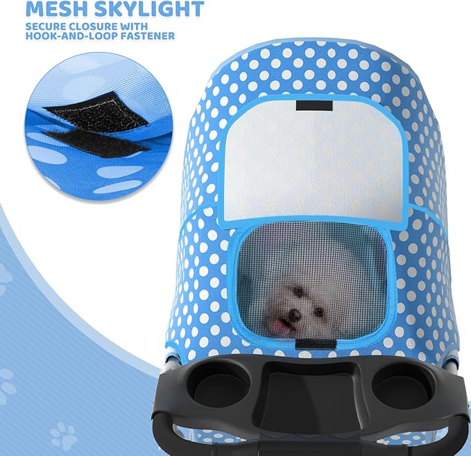 Magshion 3-Wheel Pet Stroller, Foldable Travel Jogger for Small & Medium Dogs & Cats (Up to 33lbs), Lightweight Carrier with Breathable Mesh Cover, Cup Holder & Storage Basket, Sky Blue Polka Dots