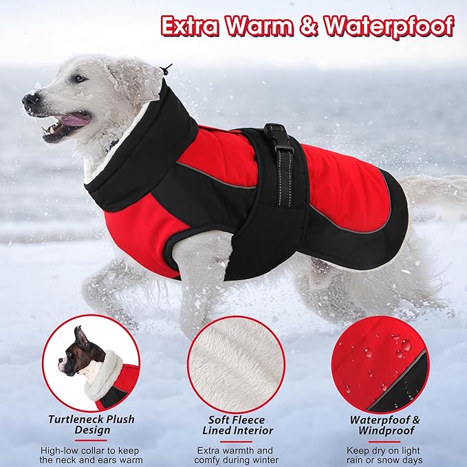 Dogcheer Dog Coat, Christmas Dog Jacket, Waterproof Turtleneck Puppy Winter Coat, Adjustable Pet Puffer Jacket, Reflective Warm Fleece Coats for Small Medium Large Dogs - Red, 3XL