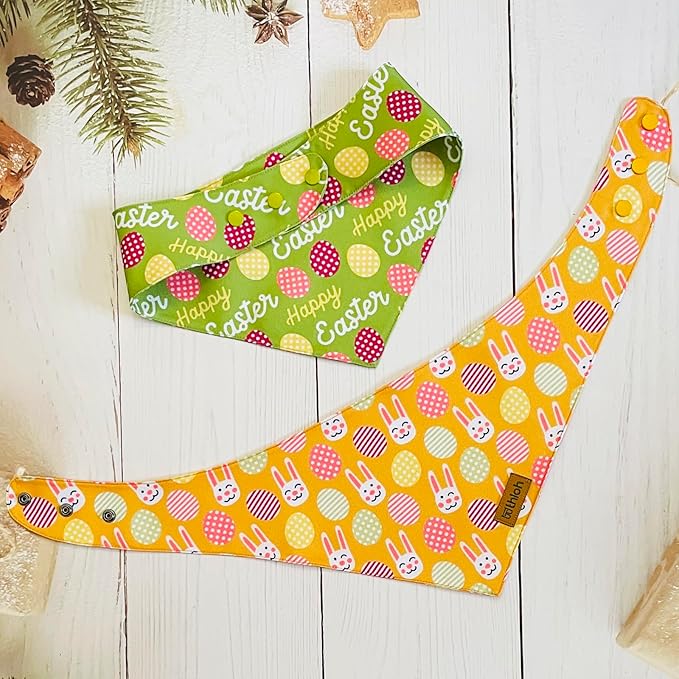 Easter Dog Bandanas with Snap Button, 2 Pack Reversible Spring Bandana for Boy & Girl, Premium Durable Fabric, Bunny and Egg Dog Scarf for Large and Extra Large Dogs (X-Large)