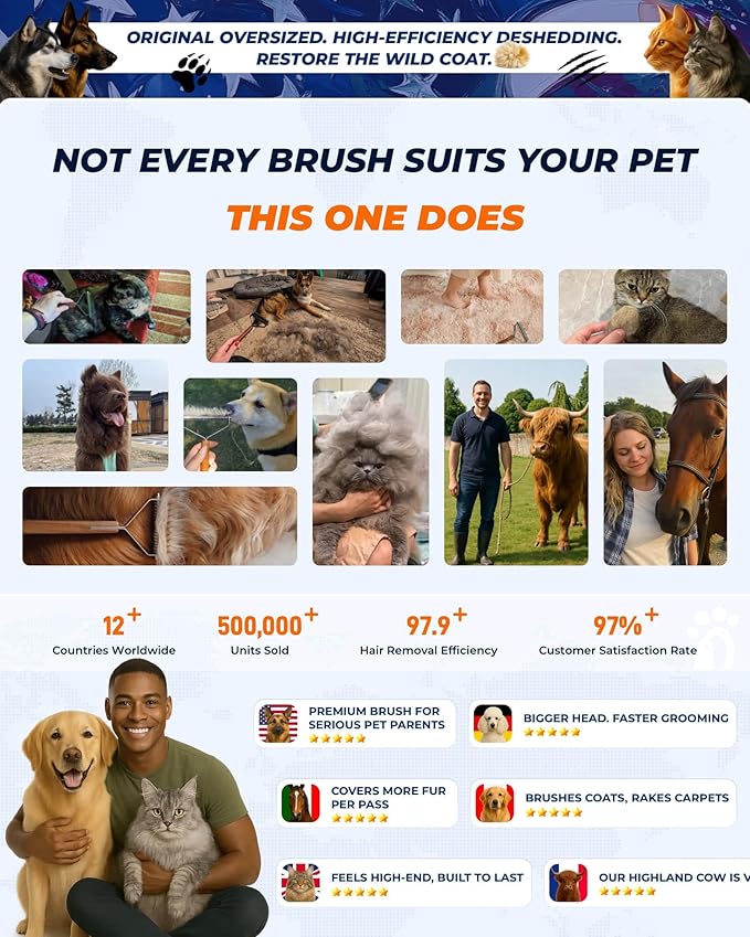 Large Dual-Sided Dogs and Cats Brush for Shedding, Unique Blade Designed Deshedding Dog Brush for Long & Short Haired Dogs, Safe&Pro Shedding Tools, Undercoat Rake for All Coats, Premium Walnut Handle