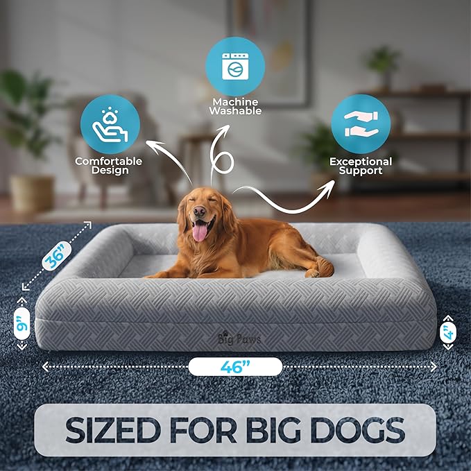 Big Paws Cooling Orthopedic Dog Bed for Large & Senior Dogs – Ice Silk Surface, Waterproof Liners, Washable Cover, Non-Slip Base, Raised Bolsters, Joint Support Foam – Gray