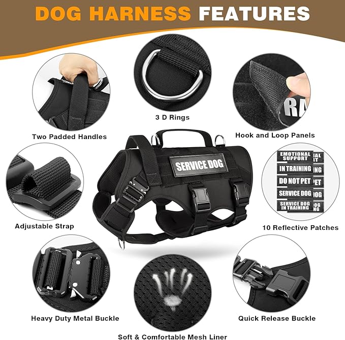 WINSEE Tactical Dog Harness with Dog Leash, Dog Collar, Service Working MOLLE Vest with 10 Pet Patches for Medium Dog, No Pull Military Harness and Backpack with Airtag Holdler