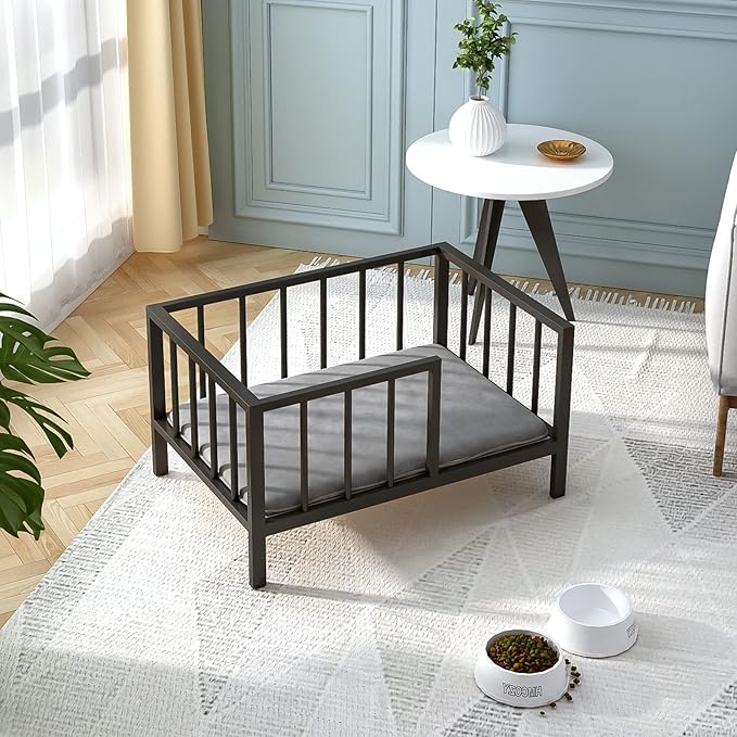 Dog Bed with Rails - Elevated Pet Metal Bed Frame with Solid Wood Board and Washable Soft Mat for Small Dog Indoor or Outdoor Use, 21.3" x 30", Black