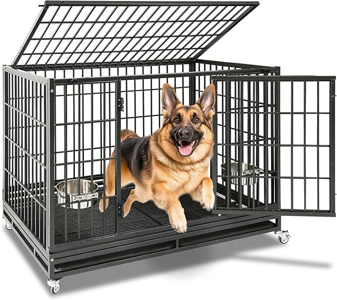 Homey Pet 48 Inch Heavy Duty Indestructible Dog Crate, Stackable Escape Proof Dog Cage Kennel Indoor with Two Trays, Metal Grids, Wheels, Bowls, Double Doors for High Anxiety Large Dogs(2 Tiers)