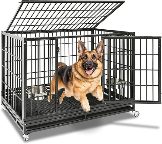 Homey Pet 48 Inch Heavy Duty Indestructible Dog Crate, Stackable Escape Proof Dog Cage Kennel Indoor with Two Trays, Metal Grids, Wheels, Bowls, Double Doors for High Anxiety Large Dogs(2 Tiers)